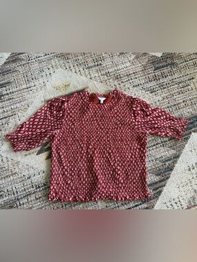 Time and Tru Rust Red and Cream Printed Smocked Top